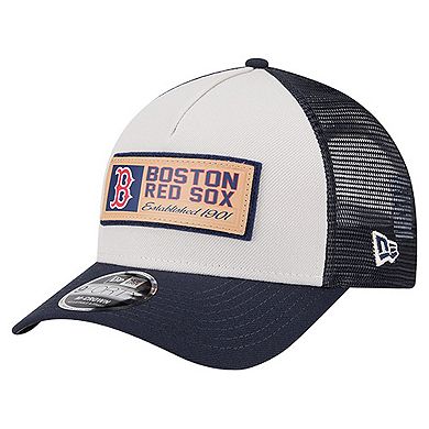 Men's New Era Stone/Navy Boston Red Sox Text A-Frame Trucker 9FORTY Hat