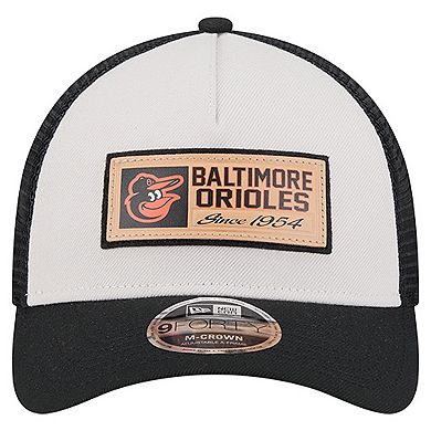 Men's New Era Stone/Black Baltimore Orioles Text A-Frame Trucker 9FORTY Hat