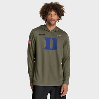 Men's Nike Olive Duke Blue Devils 2025 Military Appreciation Dri-FIT Long Sleeve Hoodie T-Shirt
