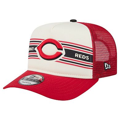 Men's New Era Cream/Red Cincinnati Reds Banner A-Frame 9FIFTY Trucker Snapback Hat