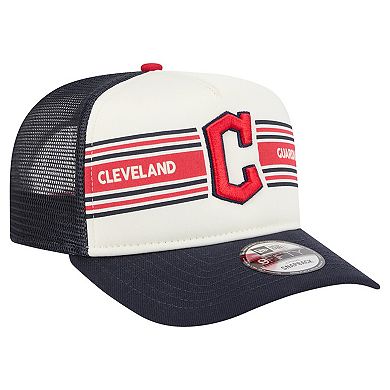 Men's New Era Cream/Navy Cleveland Guardians Banner A-Frame 9FIFTY Trucker Snapback Hat
