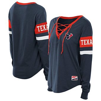 Women's New Era Navy Houston Texans Plus Size Throwback Lace-Up Long Sleeve T-Shirt