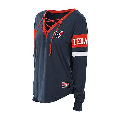 Women's New Era Navy Houston Texans Plus Size Throwback Lace-Up Long Sleeve T-Shirt