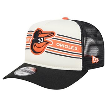 Men's New Era Cream/Black Baltimore Orioles Banner A-Frame 9FIFTY Trucker Snapback Hat