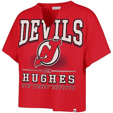 Women's '47 Jack Hughes Red New Jersey Devils Elation Name & Number Oversized Notch Neck T-Shirt