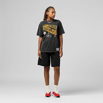 Women's Mitchell & Ness Black Pittsburgh Steelers Team Dynamic Boyfriend Mineral Wash T-Shirt