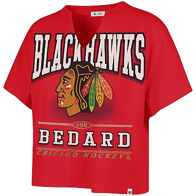 Women's '47 Connor Bedard Red Chicago Blackhawks Elation Name & Number Oversized Notch Neck T-Shirt