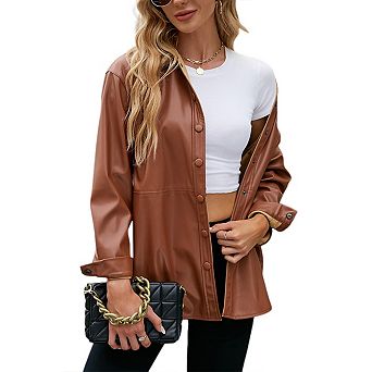 Women Faux Leather Shacket Moto Biker Shirts Loose Fit Blazer Long Sleeves Button Casual Jacket
