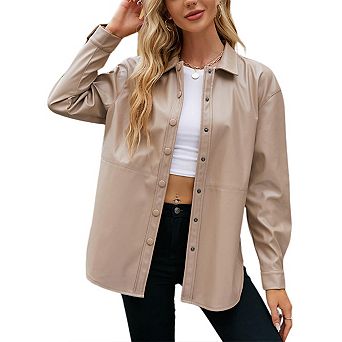 Women Faux Leather Shacket Moto Biker Shirts Loose Fit Blazer Long Sleeves Button Casual Jacket