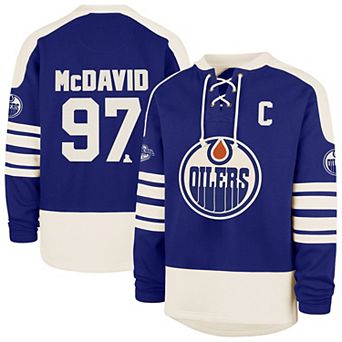Men's '47 Connor McDavid Royal Edmonton Oilers Player Name & Number Sweep Check Eternal Lacer Sweatshirt