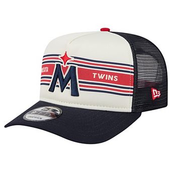 Men's New Era Cream/Navy Minnesota Twins Banner A-Frame 9FIFTY Trucker Snapback Hat