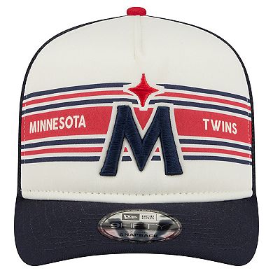 Men's New Era Cream/Navy Minnesota Twins Banner A-Frame 9FIFTY Trucker Snapback Hat