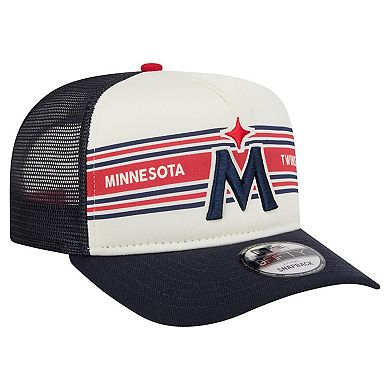 Men's New Era Cream/Navy Minnesota Twins Banner A-Frame 9FIFTY Trucker Snapback Hat