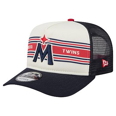 Men's New Era Cream/Navy Minnesota Twins Banner A-Frame 9FIFTY Trucker Snapback Hat