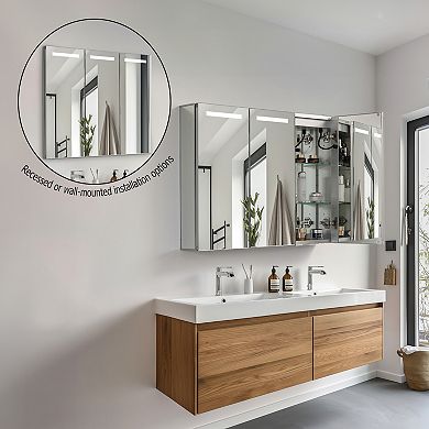 Basicwise 3-Door Bathroom Medicine Cabinet with Anti-Fog LED Mirror, Waterproof Aluminum