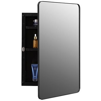 Basicwise Medicine Cabinet with Beveled Edge Mirror Door and Round Corner Metal Frame, Black