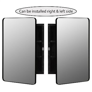 Basicwise Medicine Cabinet with Beveled Edge Mirror Door and Round Corner Metal Frame, Black