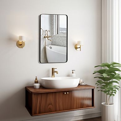 Basicwise Medicine Cabinet with Beveled Edge Mirror Door and Round Corner Metal Frame, Black
