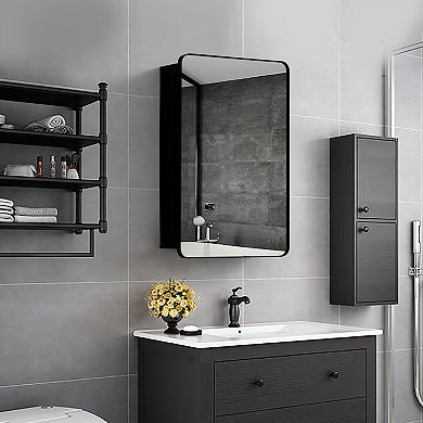 Aluminum Bathroom Storage Medicine Cabinet - Beveled Edge Mirror and Sleek Round Corner Frame