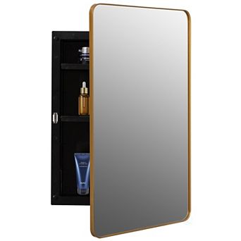 Basicwise Medicine Cabinet with Beveled Edge Mirror Door and Round Corner Metal Frame, Gold