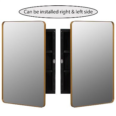 Basicwise Medicine Cabinet with Beveled Edge Mirror Door and Round Corner Metal Frame, Gold
