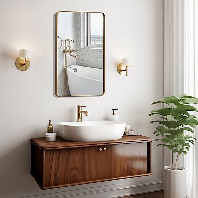 Basicwise Medicine Cabinet with Beveled Edge Mirror Door and Round Corner Metal Frame, Gold