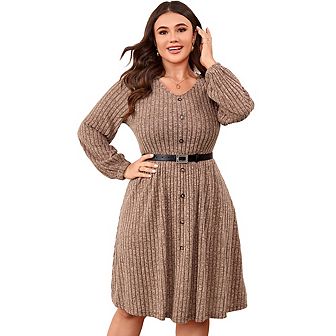 Womens Plus Size Casual Sweater Dress Lantern Sleeve V Neck A Line Ribbed Knit Midi Dress with Belt