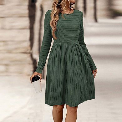 Womens Long Sleeve Fall Dresses 2025 Ribbed Knit Casual Crew Neck Knee Length Sweater Dress