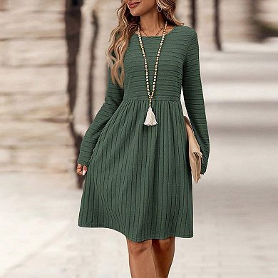 Womens Long Sleeve Fall Dresses 2025 Ribbed Knit Casual Crew Neck Knee Length Sweater Dress