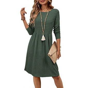 Womens Long Sleeve Fall Dresses 2025 Ribbed Knit Casual Crew Neck Knee Length Sweater Dress