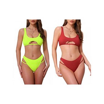 2 Sets Women's Cutout Racerback Bikini Set, 2 pc Scoop Neck Top Triangle Bottom Swimwear Bathing Suit