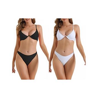 2 Sets Women's Halter Underwire Bikini Sets, 2 pc Spaghetti Straps Triangle Bottoms Swimwear Suits