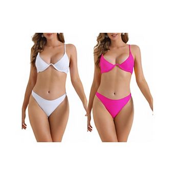 2 Sets Women's Halter Underwire Bikini Sets, 2 pc Spaghetti Straps Triangle Bottoms Swimwear Suits