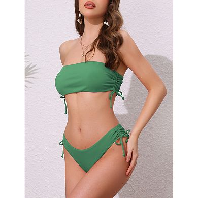 2 Sets Women's Bandeau Drawstring Tie Bikini Sets, 2Pcs Strapless Top Triangle Bottom Swimwear Suits