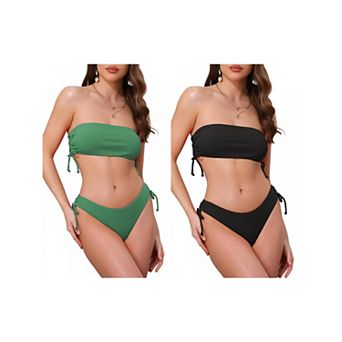 2 Sets Women's Bandeau Drawstring Tie Bikini Sets, 2 pc Strapless Top Triangle Bottom Swimwear Suits