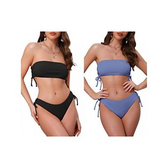 2 Sets Women's Bandeau Drawstring Tie Bikini Sets, 2 pc Strapless Top Triangle Bottom Swimwear Suits