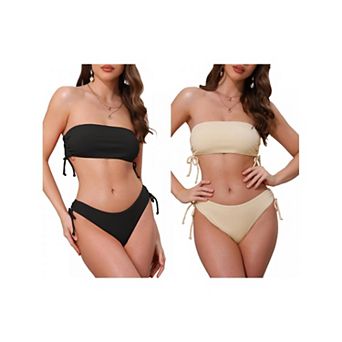 2 Sets Women's Bandeau Drawstring Tie Bikini Sets, 2 pc Strapless Top Triangle Bottom Swimwear Suits