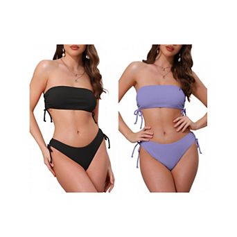 2 Sets Women's Bandeau Drawstring Tie Bikini Sets, 2 pc Strapless Top Triangle Bottom Swimwear Suits