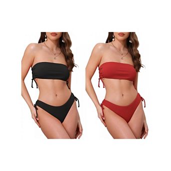 2 Sets Women's Bandeau Drawstring Tie Bikini Sets, 2 pc Strapless Top Triangle Bottom Swimwear Suits
