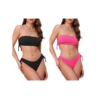 2 Sets Women's Bandeau Drawstring Tie Bikini Sets, 2 pc Strapless Top Triangle Bottom Swimwear Suits