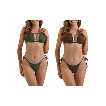 2 Sets Women's Halter Push Up Bikini Sets, 2 pc Tie Side Triangle Bottoms Swimwear Bathing Suits