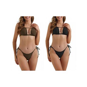 2 Sets Women's Halter Push Up Bikini Sets, 2 pc Tie Side Triangle Bottoms Swimwear Bathing Suits