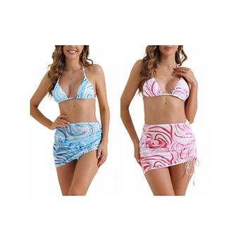 2 Sets Women's Halter Contrast Color Bikini Set, 3 pc Tie Back Swimwear Triangle Bottoms Bathing Suit