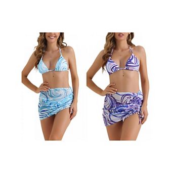 2 Sets Women's Halter Contrast Color Bikini Set, 3 pc Tie Back Swimwear Triangle Bottoms Bathing Suit
