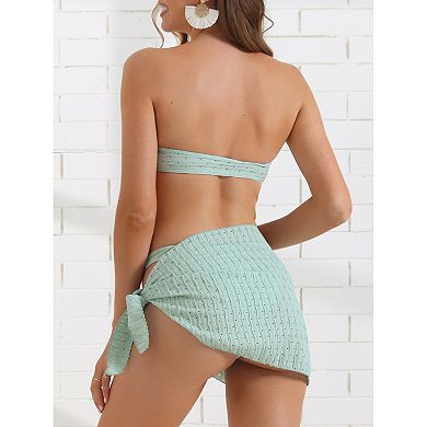 2 Sets Women's Bandeau Ribbed Bikini Sets, 3 Pcs Triangle Bottoms with Cover Up Bottoms Swimwear