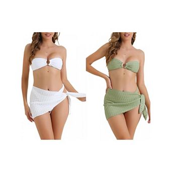 2 Sets Women's Bandeau Ribbed Bikini Sets, 3 pc Triangle Bottoms with Cover Up Bottoms Swimwear