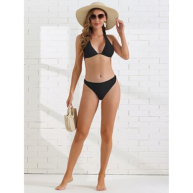 2 Sets Women's Halter Ribbed Bikini Sets, 2 Pc Wide Strap Tie Back Triangle Bottoms Swimwear Suits