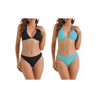 2 Sets Women's Halter Ribbed Bikini Sets, 2 pc Wide Strap Tie Back Triangle Bottoms Swimwear Suits