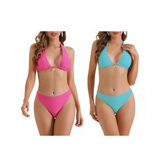 2 Sets Women's Halter Ribbed Bikini Sets, 2 pc Wide Strap Tie Back Triangle Bottoms Swimwear Suits