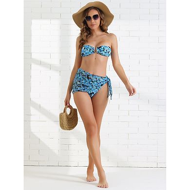 2 Sets Women's Floral Print Bandeau Bikini Set, 3Pc Tie Back Swimwear Triangle Bottoms Bathing Suit